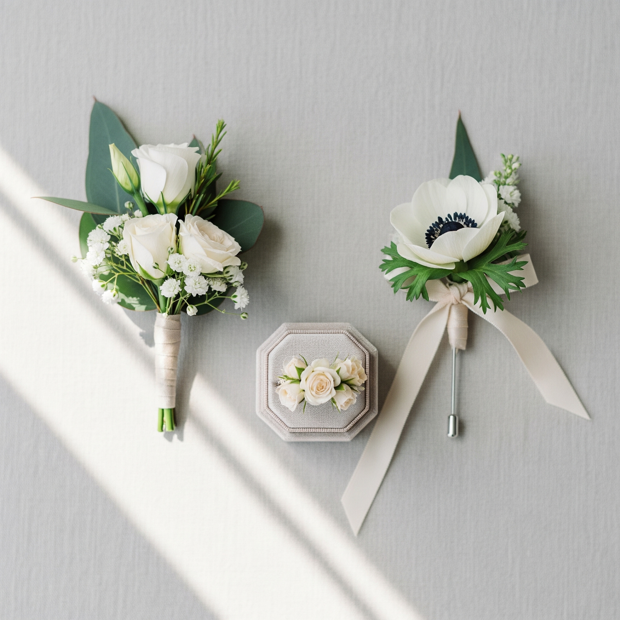 A fine-art flat lay of modern wedding personal flowers for a Calgary wedding.