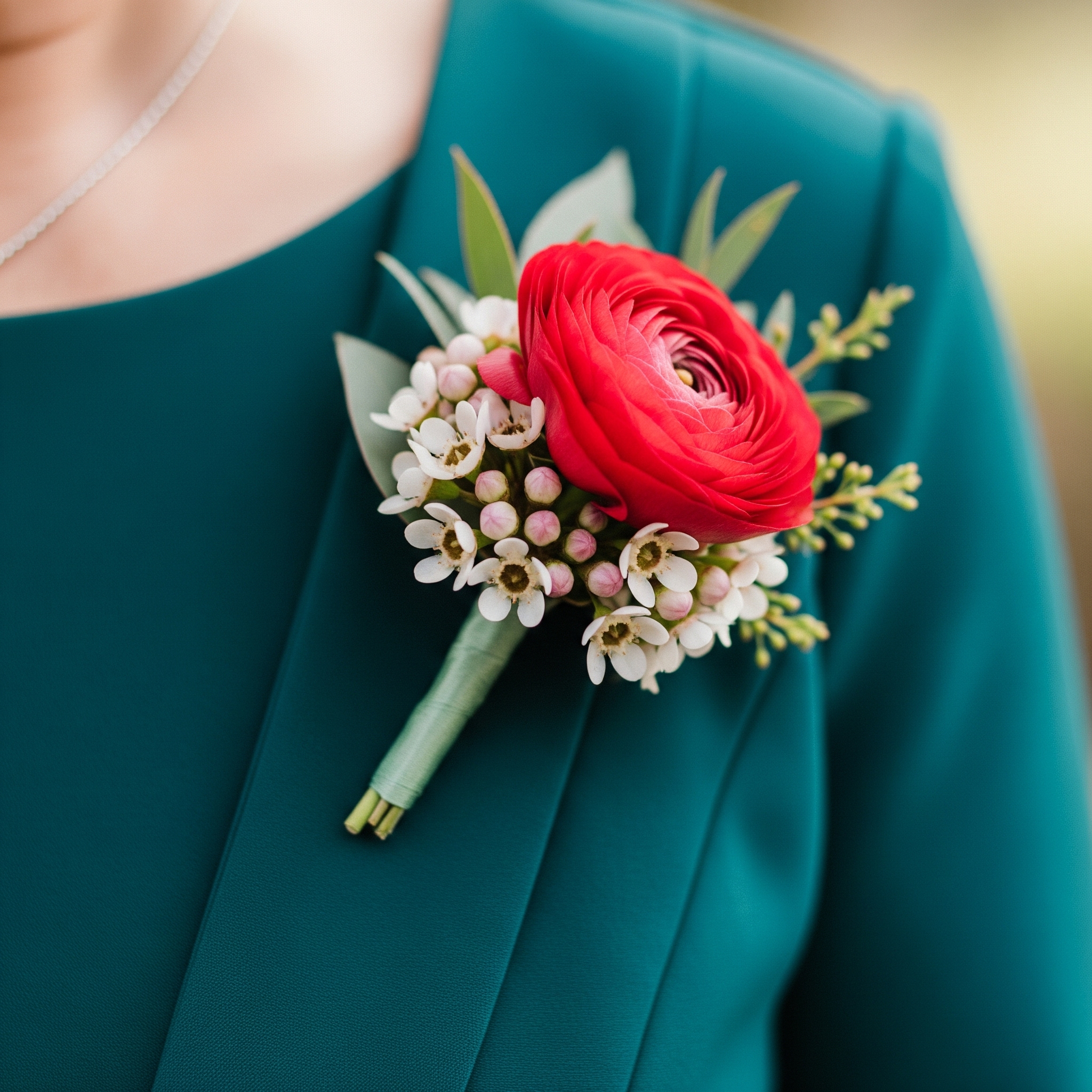 Close-up of a sophisticated pin-on corsage with a ranunculus on a dark teal dress.