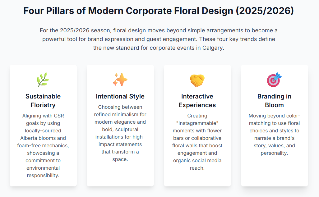 An infographic of the four pillars of modern Calgary corporate event flowers for 2025/2026: Sustainable Floristry, Intentional Style, Interactive Experiences, and Branding in Bloom.