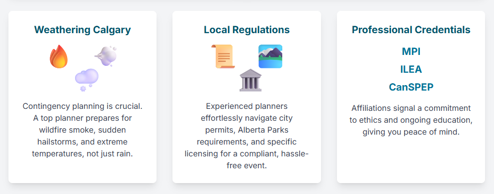 Key Considerations for Calgary Event Planning Infographic showing three key considerations when you hire an event planner in Calgary: navigating weather, local regulations, and professional credentials.