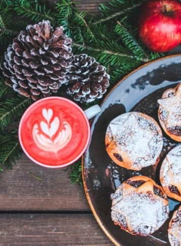 Christmas Catering decorative image with apples, pies and fur tree