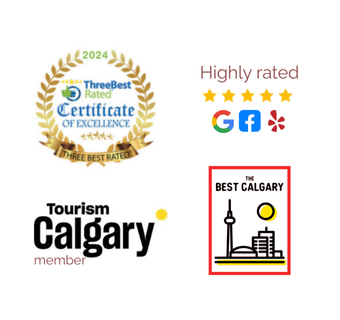 Industry recognition logos for Simply Elegant in Calgary including ThreeBestRated, Google, Facebook, Yelp, Tourism Calgary and The Best Calgary
