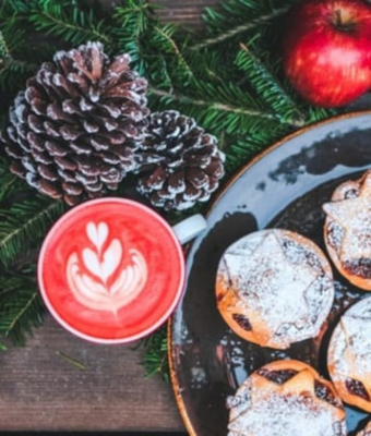 Christmas ornaments, coffee, pines, fir tree and sweets